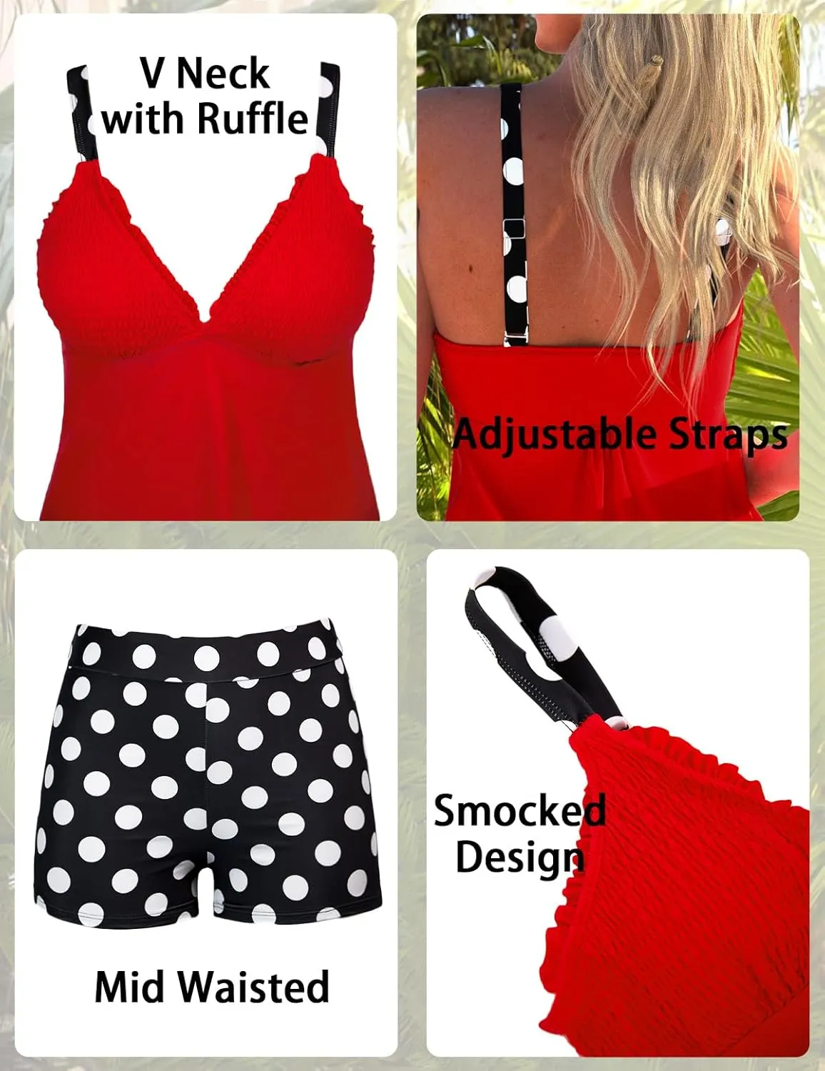 ROSEWE Womens Tankini Bathing Suits, Two-Piece Smocked Swim Dress, Print Swimsuits with Board Shorts