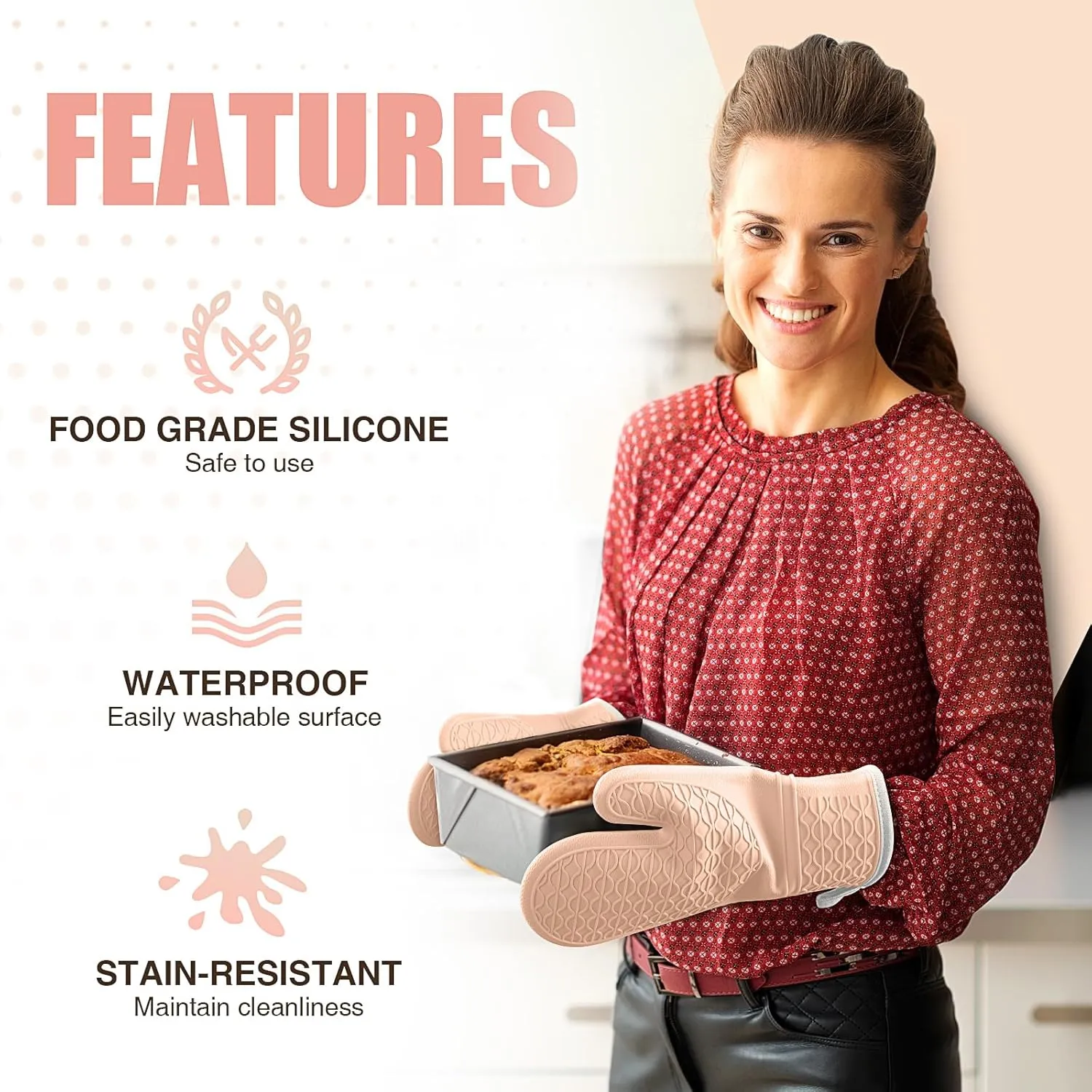 Silicone Oven Mitts, Heat Resistant 2PCS Oven Mitts with Soft Cotton Lining, Waterproof Non-Slip Grip Oven Glove, Kitchen Potholder Mits for BBQ, Baking, Cooking, 12.5 Inch - Pink