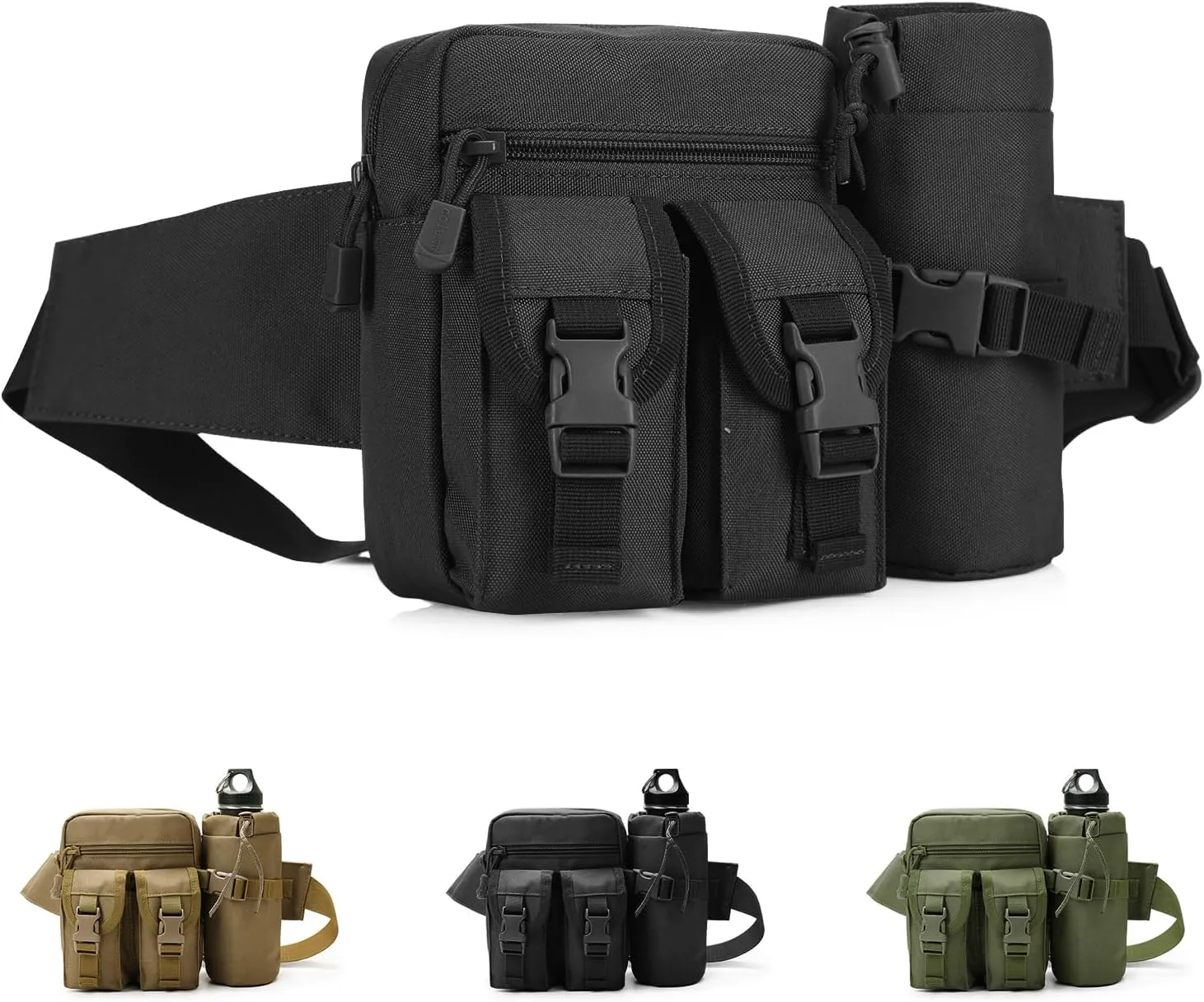Tactical Fanny Pack, Military Waist Bag Belt Bag with Water Bottle Holder Small Hip Bum Bag for Hiking Climbing Fishing Outdoor Running (Black)