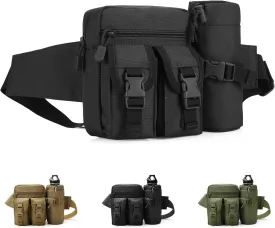 Tactical Fanny Pack, Military Waist Bag Belt Bag with Water Bottle Holder Small Hip Bum Bag for Hiking Climbing Fishing Outdoor Running (Black)