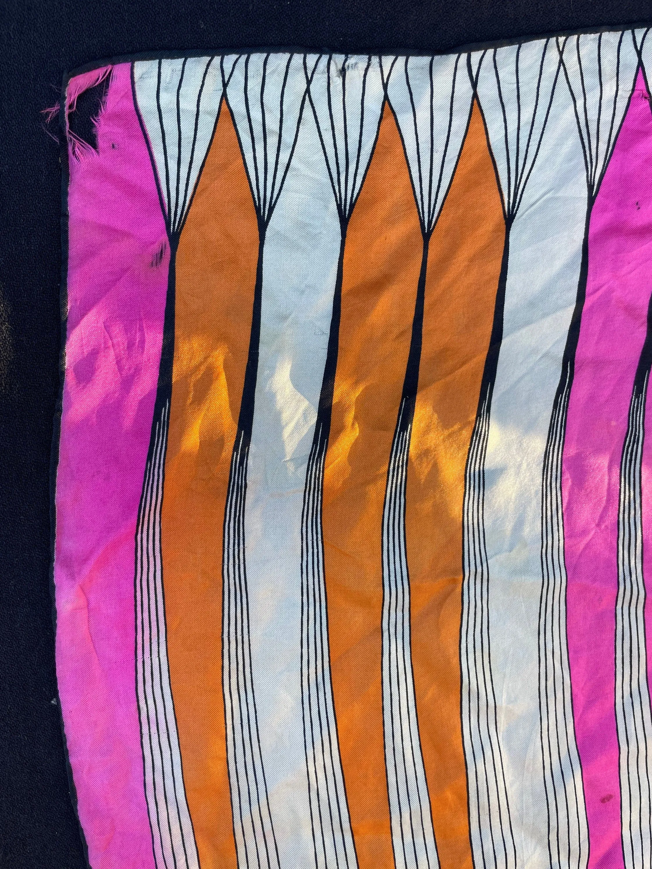 Vintage 1960 Geometric Designer Vera Scarf : Pink, Orange, White & Black Stripe