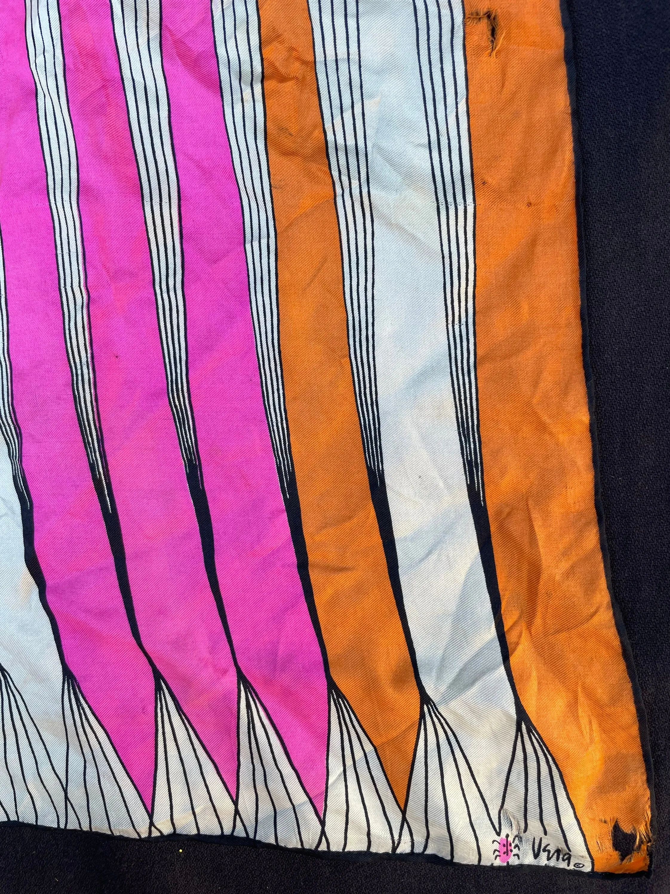 Vintage 1960 Geometric Designer Vera Scarf : Pink, Orange, White & Black Stripe