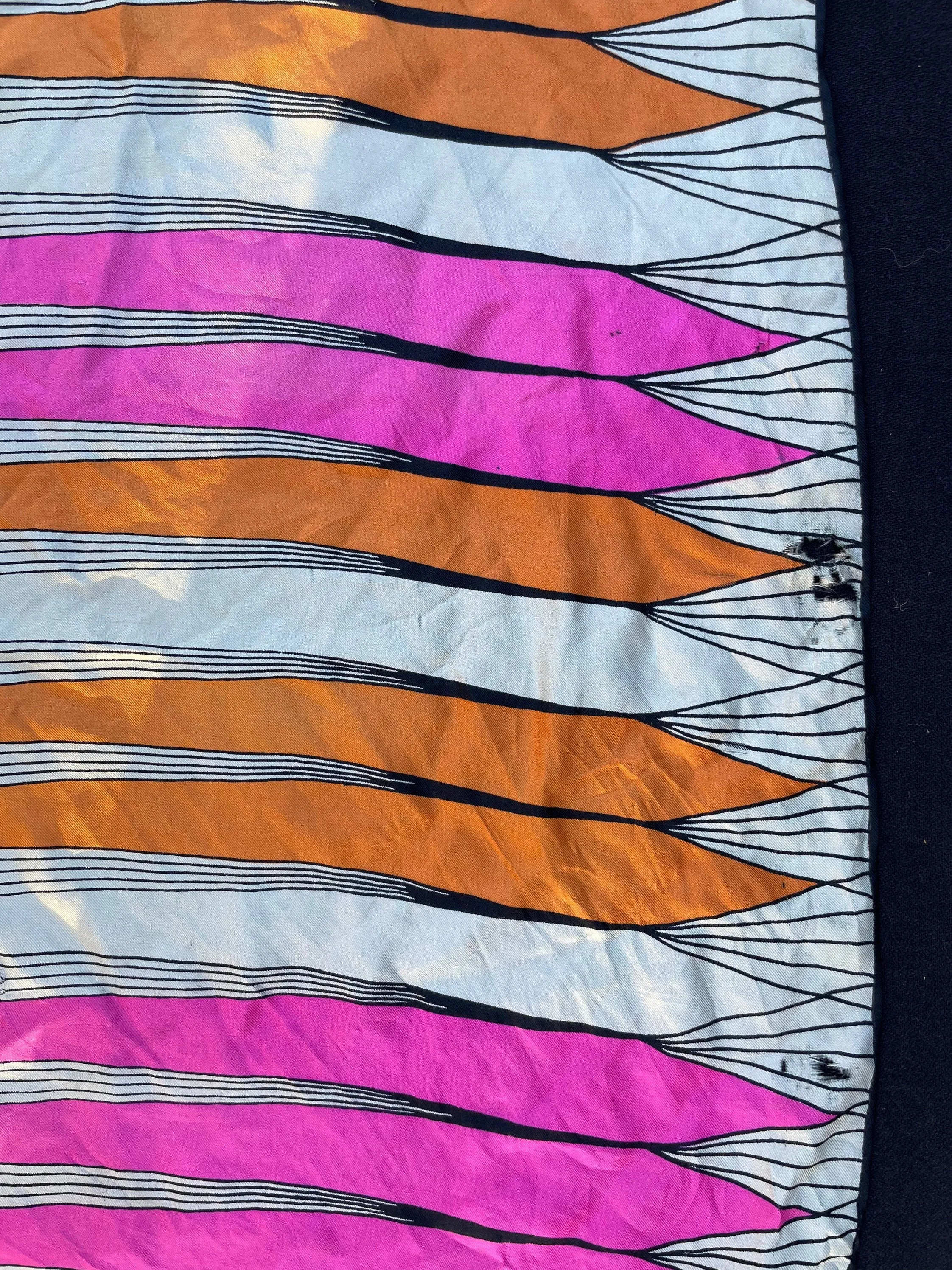 Vintage 1960 Geometric Designer Vera Scarf : Pink, Orange, White & Black Stripe
