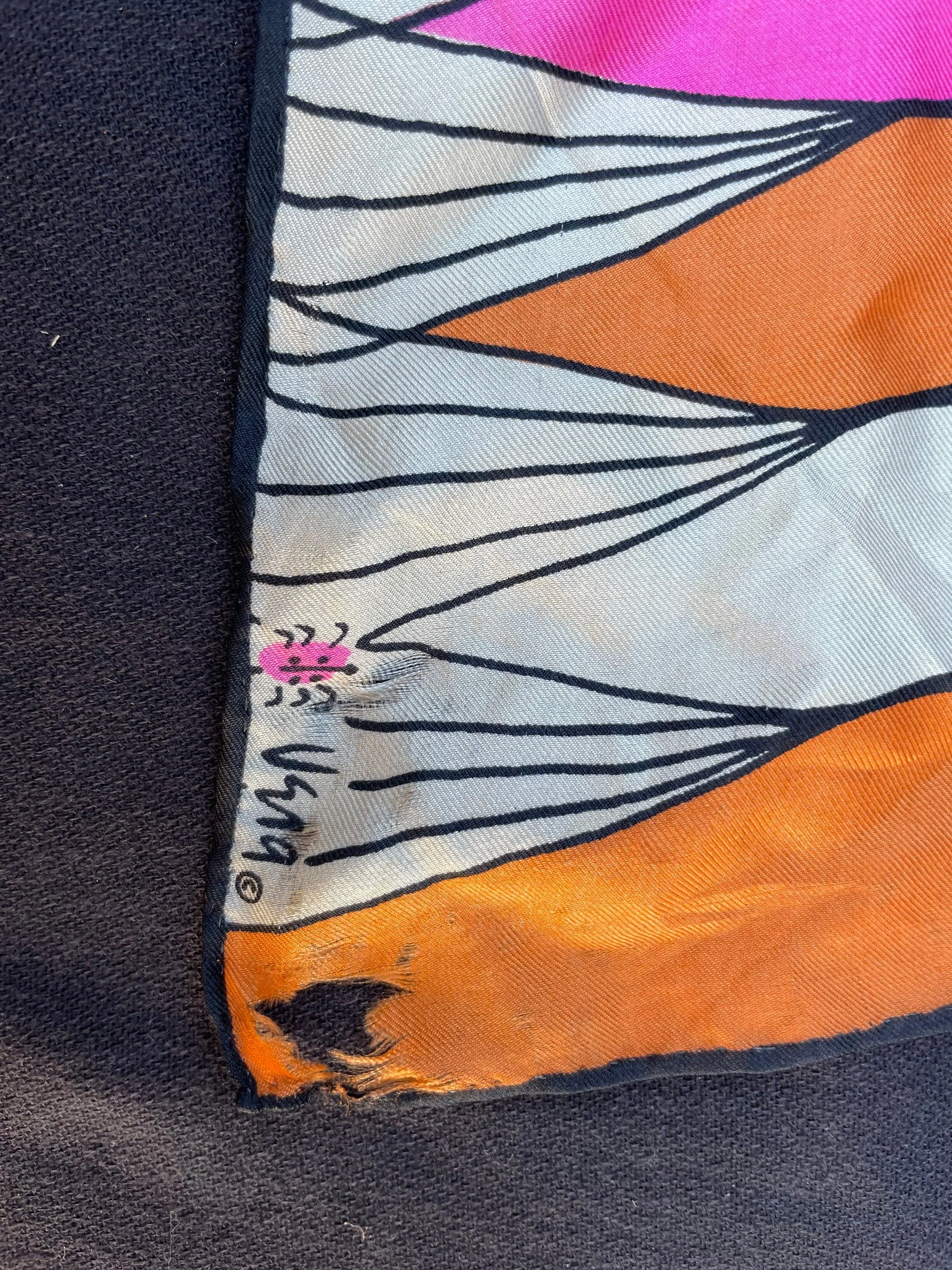 Vintage 1960 Geometric Designer Vera Scarf : Pink, Orange, White & Black Stripe