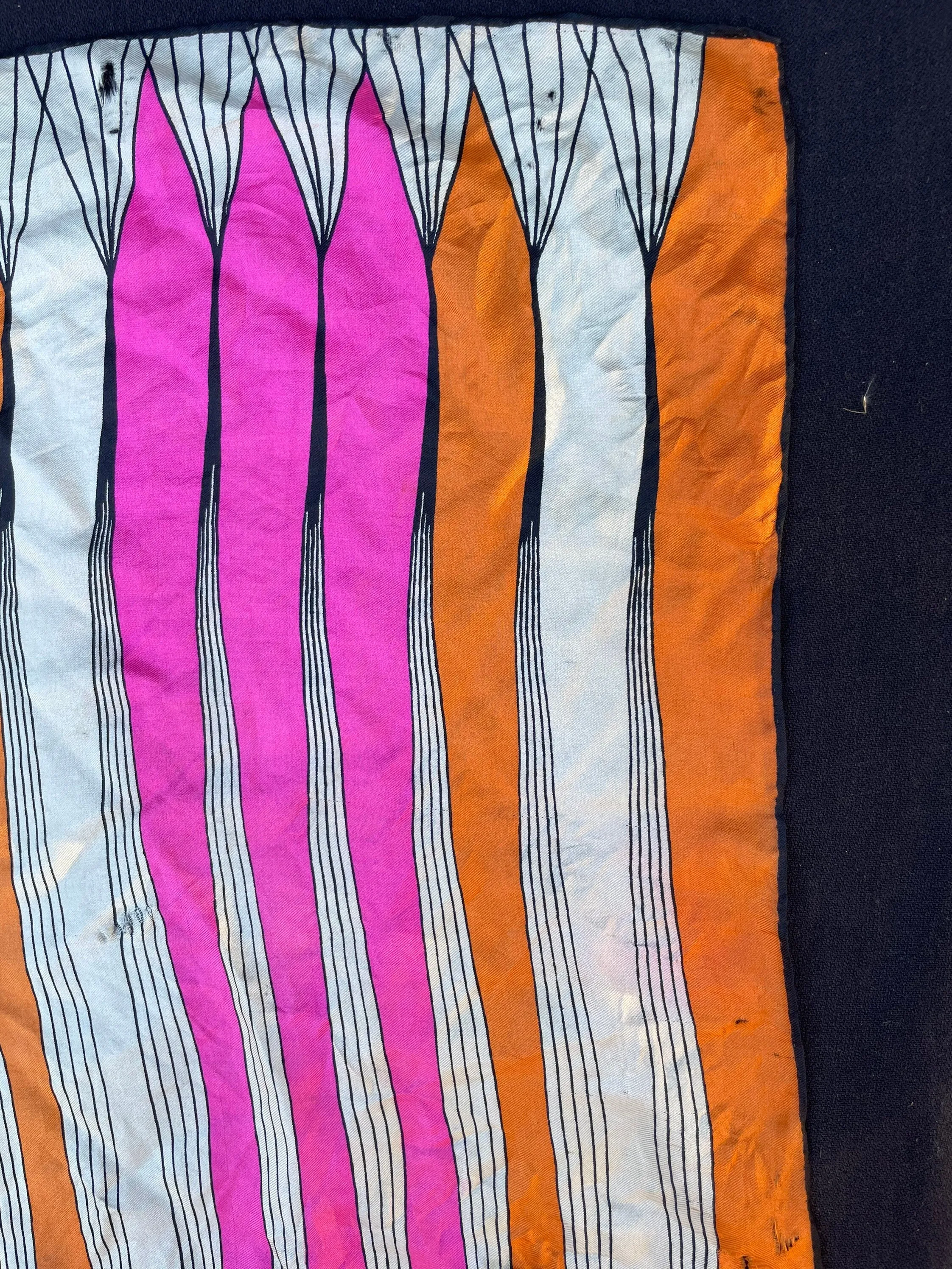 Vintage 1960 Geometric Designer Vera Scarf : Pink, Orange, White & Black Stripe