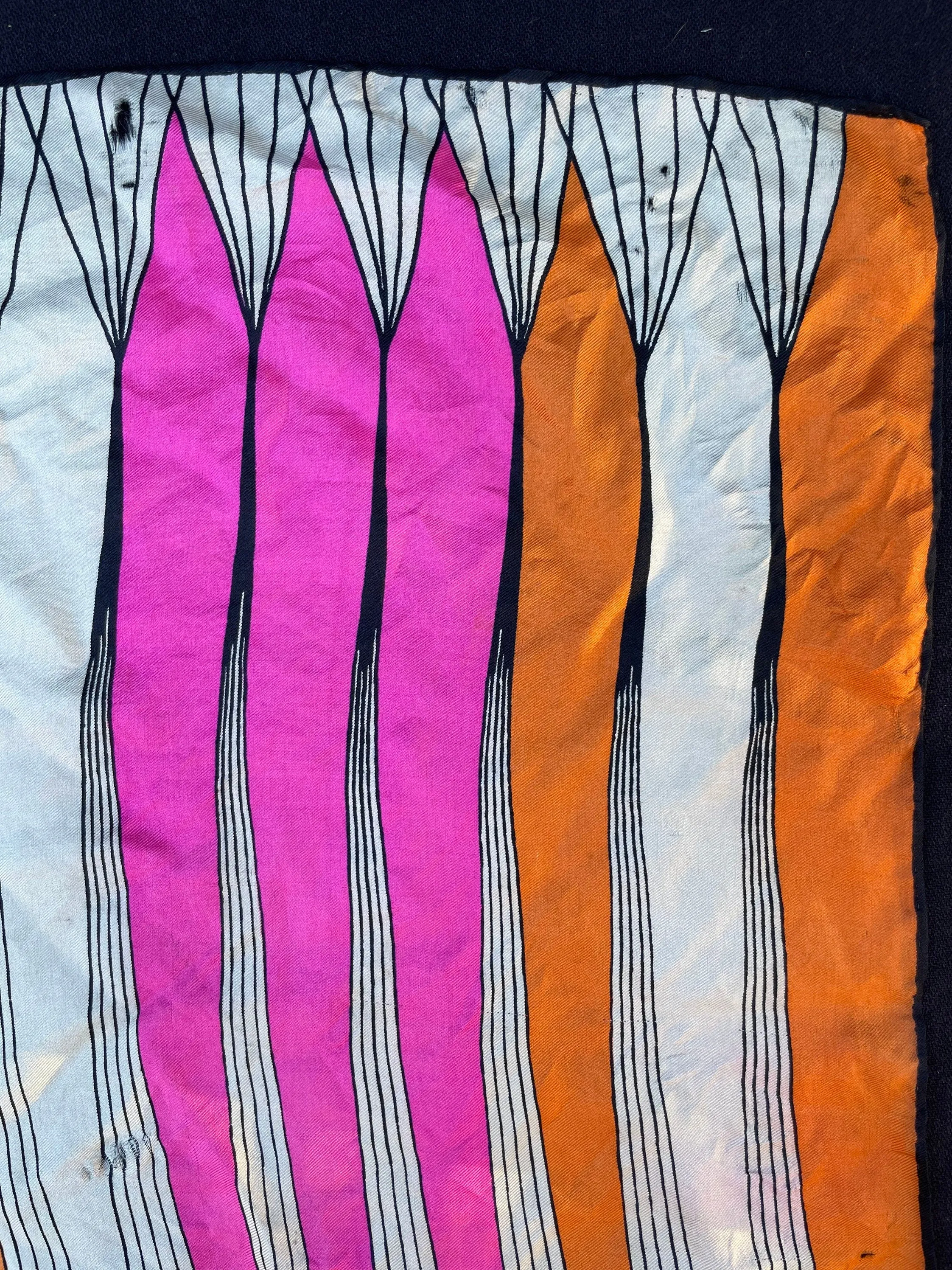 Vintage 1960 Geometric Designer Vera Scarf : Pink, Orange, White & Black Stripe