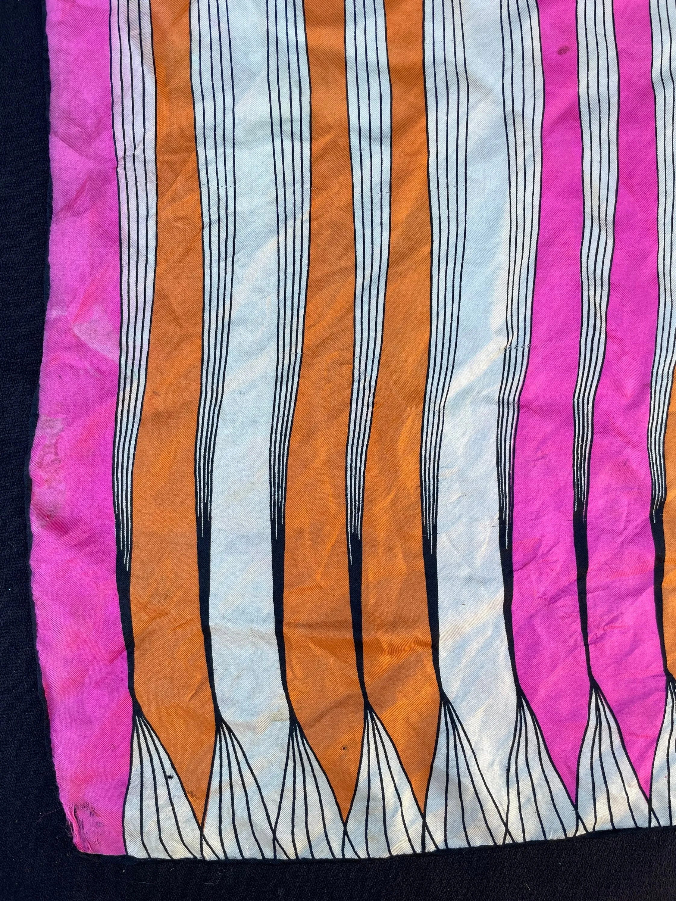 Vintage 1960 Geometric Designer Vera Scarf : Pink, Orange, White & Black Stripe