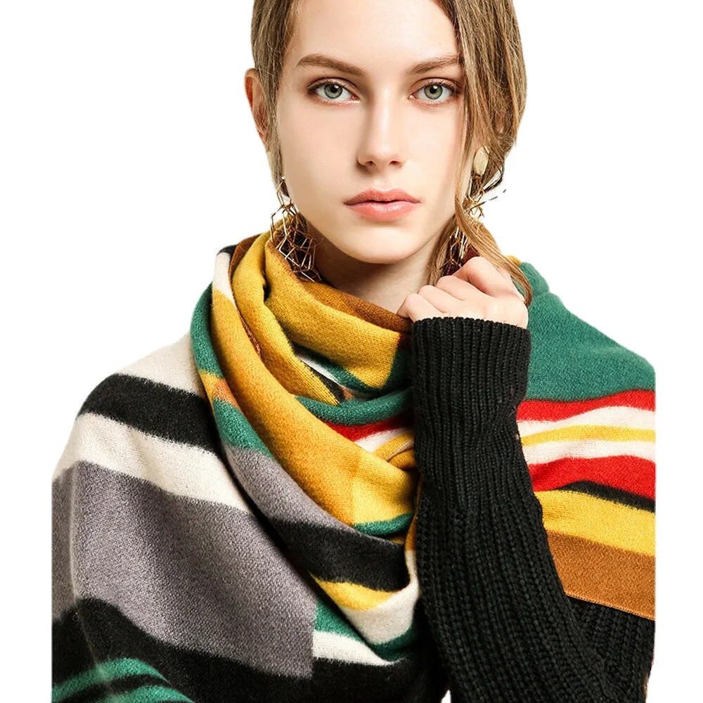 Women Colorful Striped Warmth Neck Protection Shawl Dual-use Cool-Protection Windproof Long Tassel Scarf