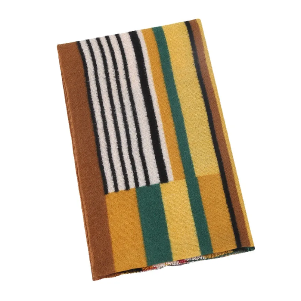 Women Colorful Striped Warmth Neck Protection Shawl Dual-use Cool-Protection Windproof Long Tassel Scarf
