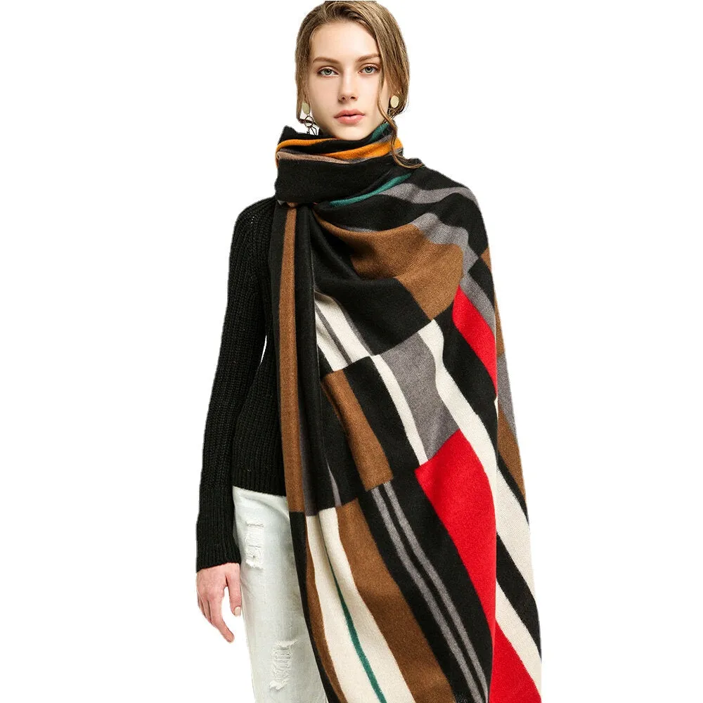 Women Colorful Striped Warmth Neck Protection Shawl Dual-use Cool-Protection Windproof Long Tassel Scarf