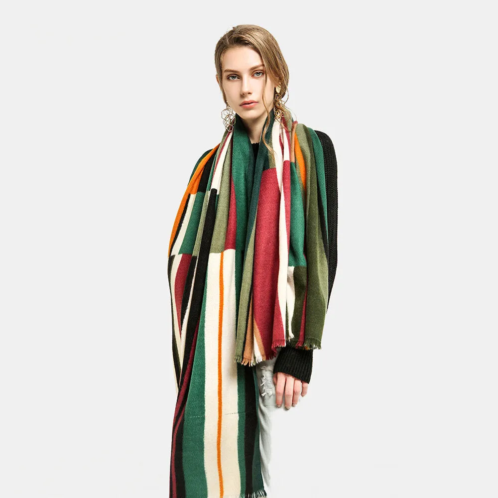 Women Colorful Striped Warmth Neck Protection Shawl Dual-use Cool-Protection Windproof Long Tassel Scarf
