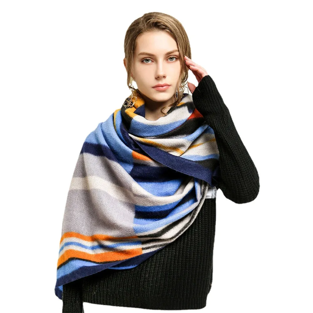 Women Colorful Striped Warmth Neck Protection Shawl Dual-use Cool-Protection Windproof Long Tassel Scarf