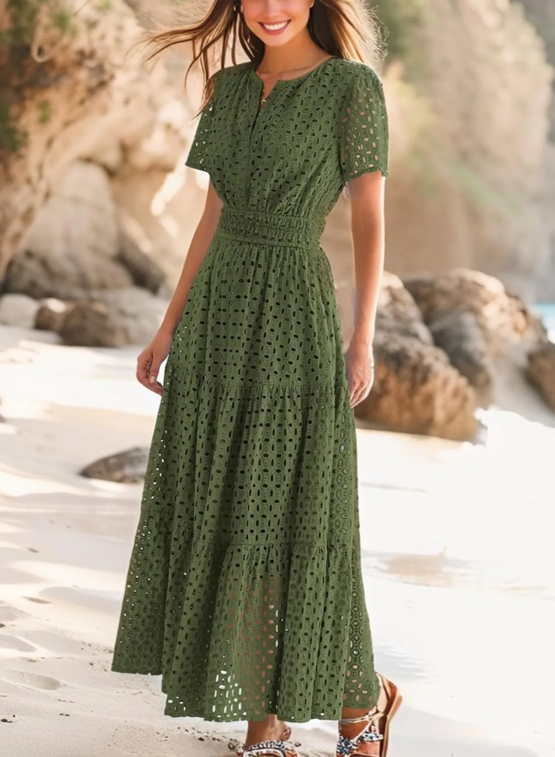 Womens Dresses Short Sleeve V Neck Long Beach Summer Aline Swing Flowy Dress with Pockets Casual Sundress
