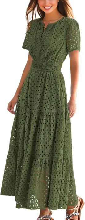 Womens Dresses Short Sleeve V Neck Long Beach Summer Aline Swing Flowy Dress with Pockets Casual Sundress