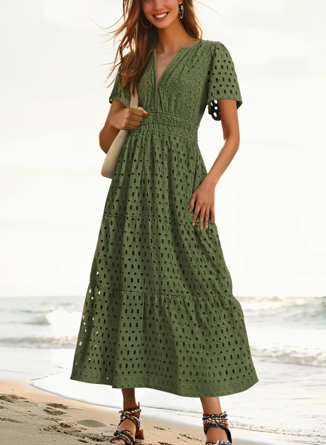 Womens Dresses Short Sleeve V Neck Long Beach Summer Aline Swing Flowy Dress with Pockets Casual Sundress