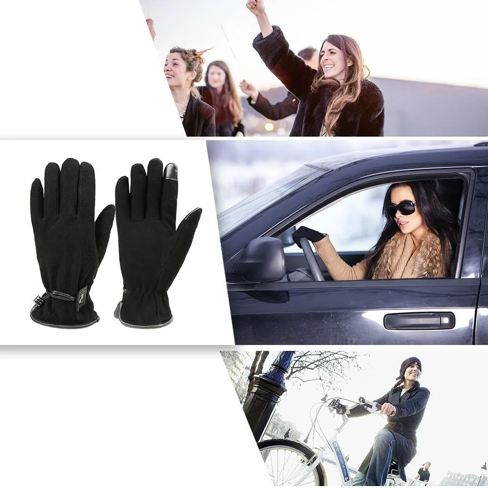 Womens Leather Winter Gloves - Touchscreen Deerskin Suede Thermal Cashmere Adjustable Wrist - Warm Gifts in Cold Weather
