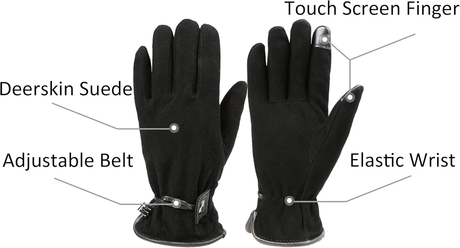 Womens Leather Winter Gloves - Touchscreen Deerskin Suede Thermal Cashmere Adjustable Wrist - Warm Gifts in Cold Weather