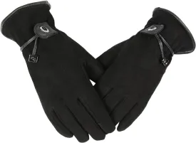 Womens Leather Winter Gloves - Touchscreen Deerskin Suede Thermal Cashmere Adjustable Wrist - Warm Gifts in Cold Weather