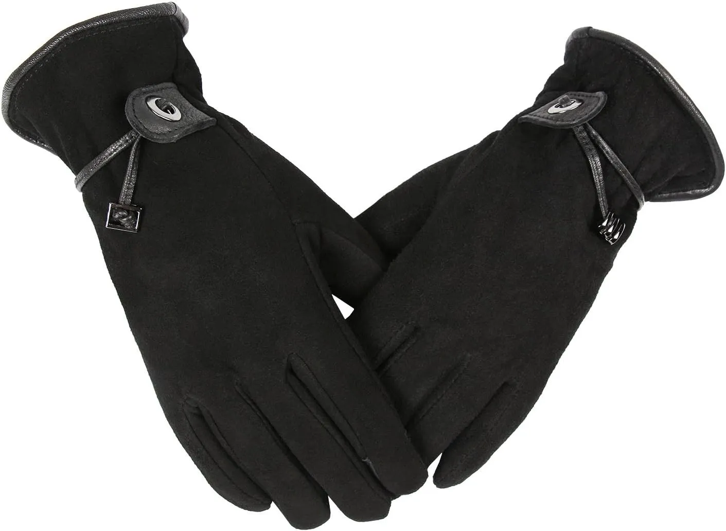 Womens Leather Winter Gloves - Touchscreen Deerskin Suede Thermal Cashmere Adjustable Wrist - Warm Gifts in Cold Weather